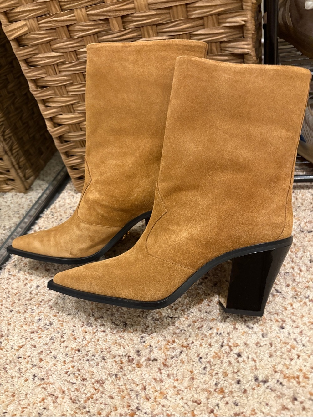 New Rebecca Minkoff Camel Suede Pointed Toe Block Heel Ankle Boots City Boot
